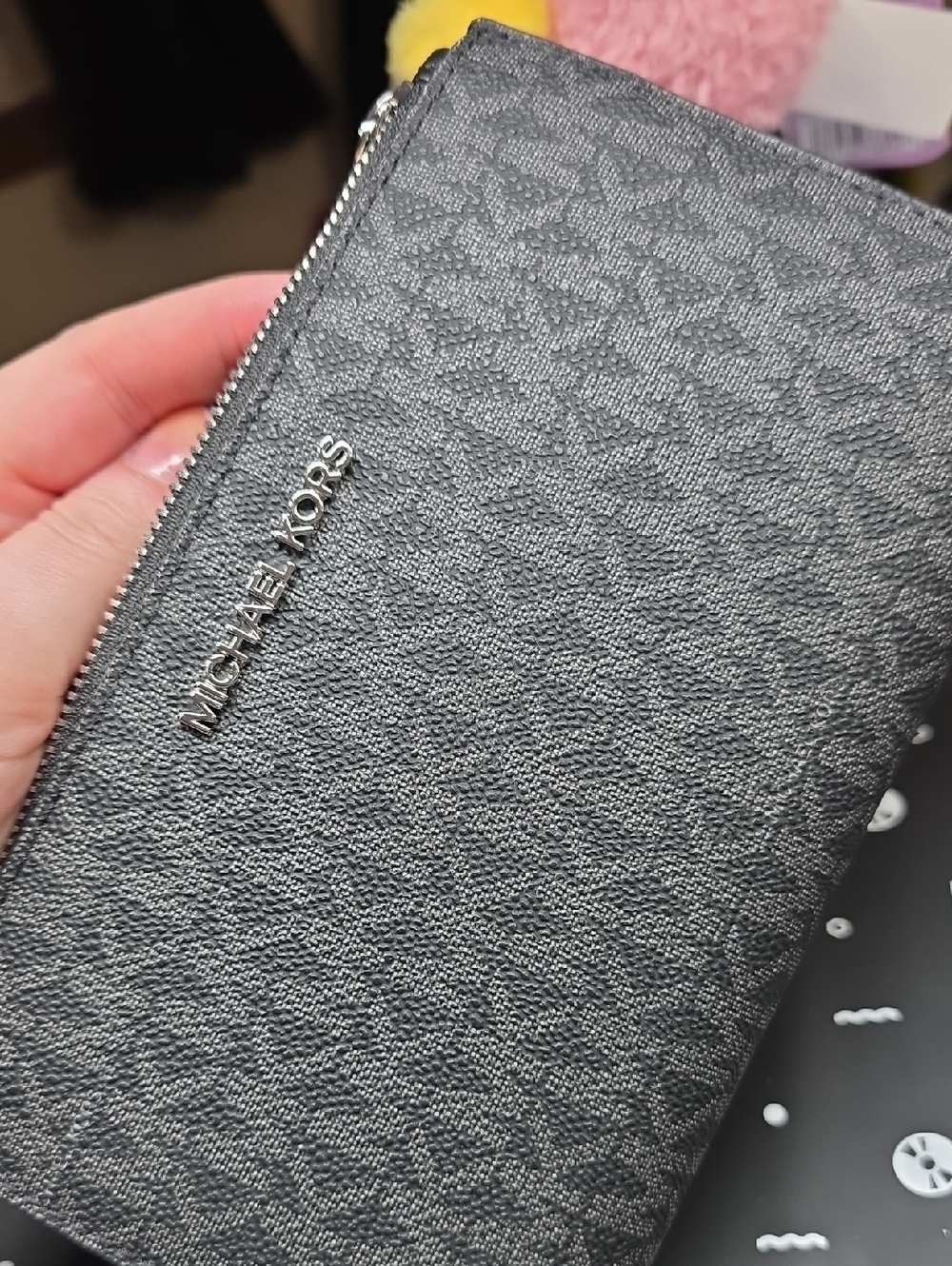 Michael Kors Black/Gray Logo-Print Wristlet with Silver Hardware